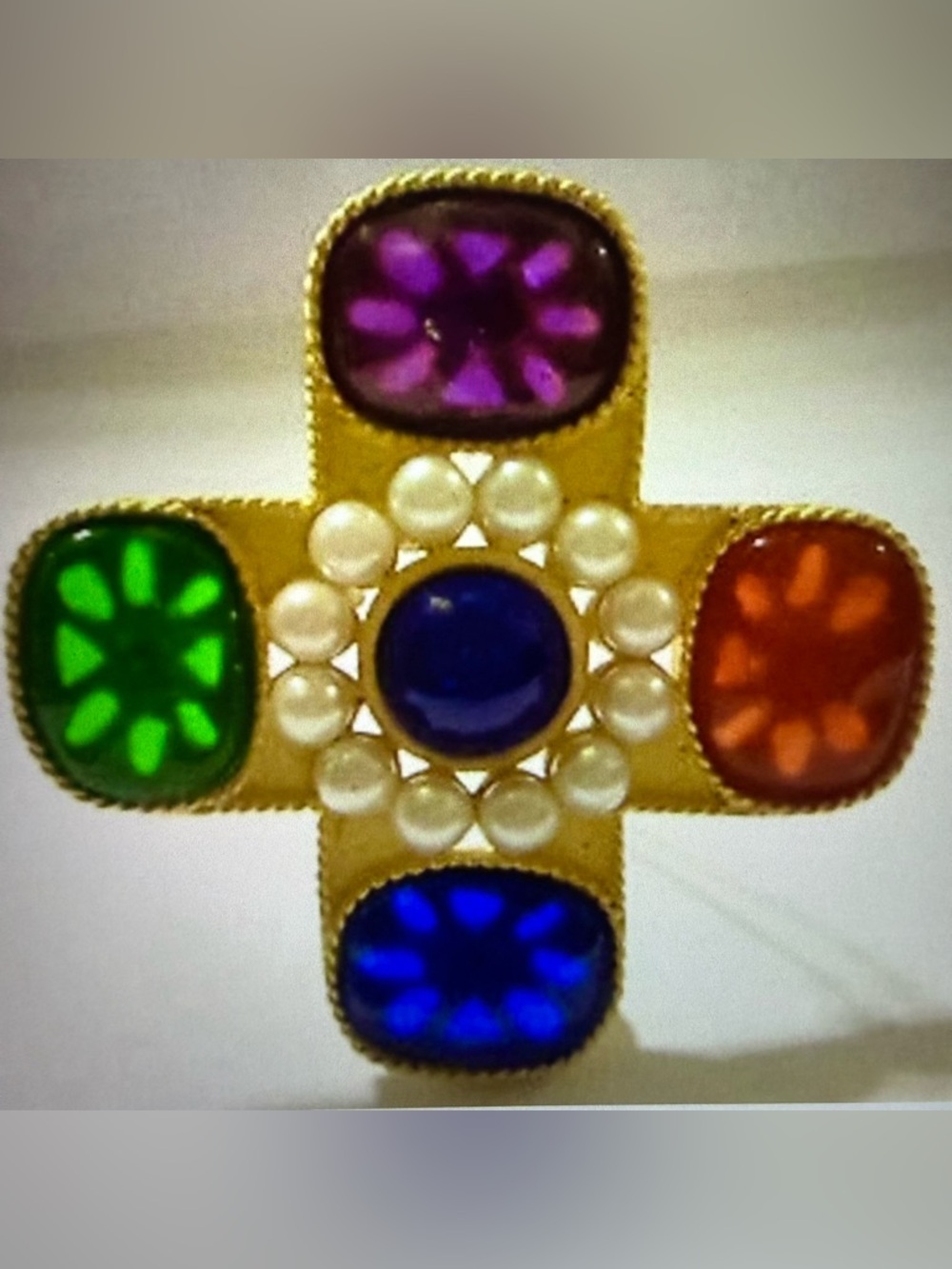 Vintage Ann Taylor Maltese Cross Brooch Mogul Pin Gripoix Gold Pearl Gemstones